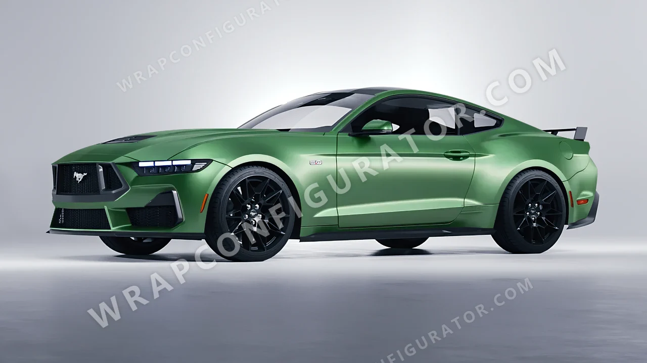 Green Ford Mustang GT 2024 wrapped in 3M Satin Apple Green S196