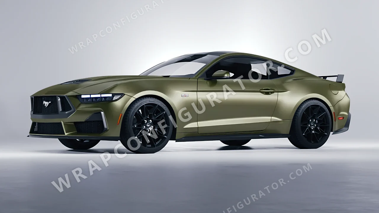 Green Ford Mustang GT 2024 wrapped in Avery Dennison Khaki Green SW900-712-O