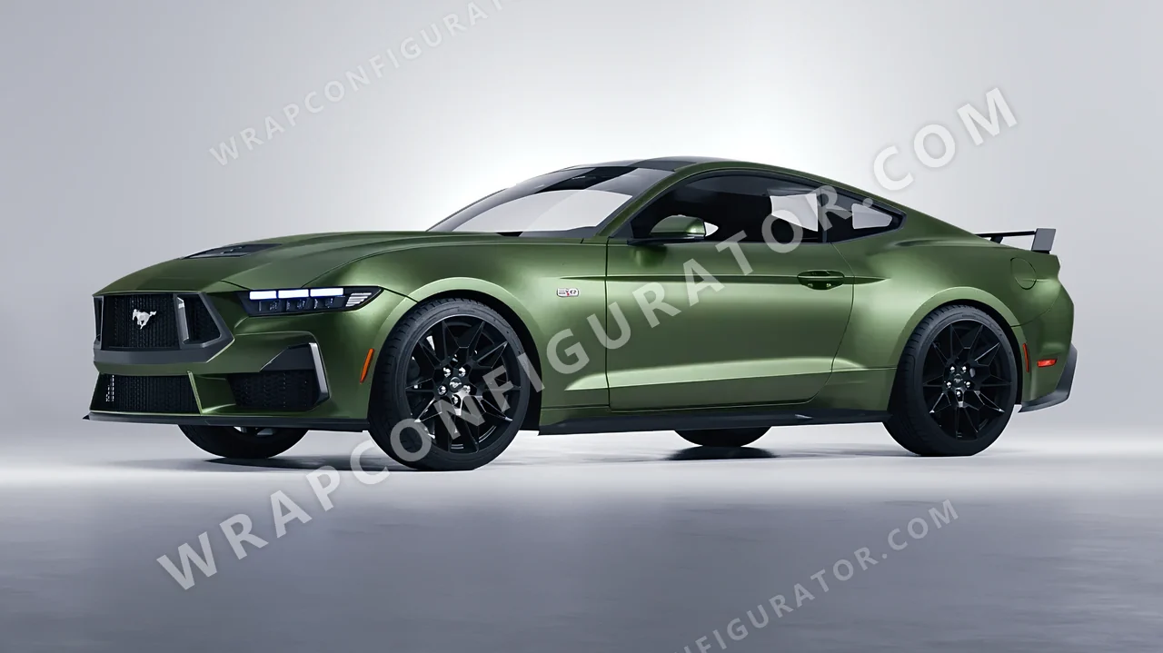 Green Ford Mustang GT 2024 wrapped in Avery Dennison Moss Green SW900-737-M