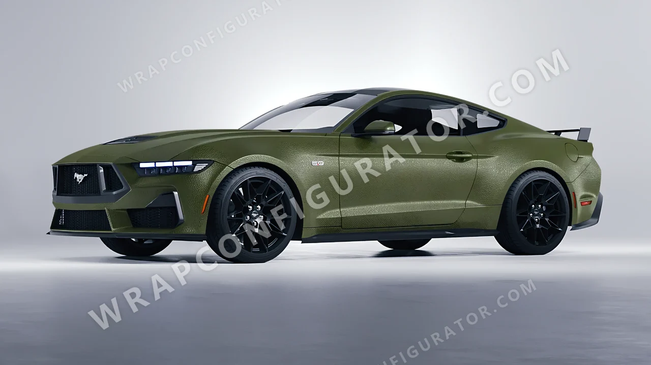 Green Ford Mustang GT 2024 wrapped in Avery Dennison Rugged Combat Green SW900-718-X