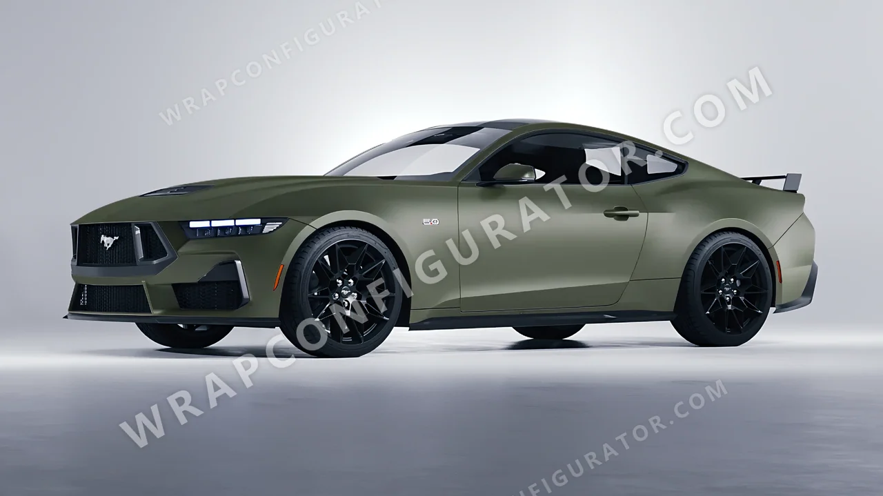 Green Ford Mustang GT 2024 wrapped in Inozetek Dynamic PPF Army Green DPPF810