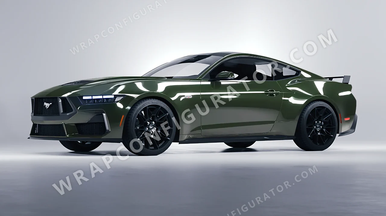 Green Ford Mustang GT 2024 wrapped in Inozetek Dynamic PPF Student Driver Olive SD103