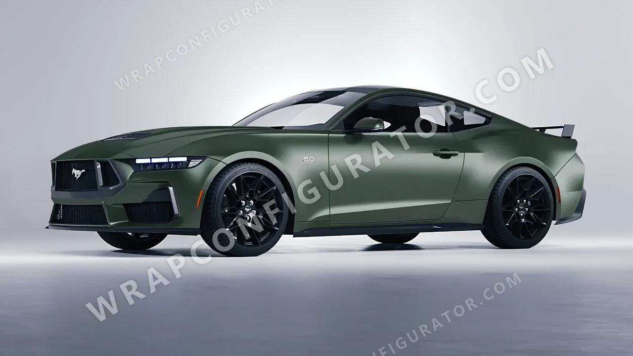 Green Ford Mustang GT 2024 wrapped in KPMF Matt Platinum Dark Sage K75560