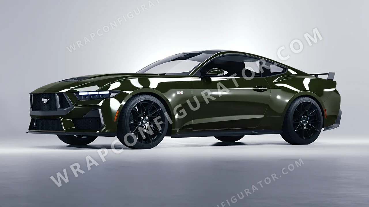 Green Ford Mustang GT 2024 wrapped in ORACAL Bottle Green 970RA-286G