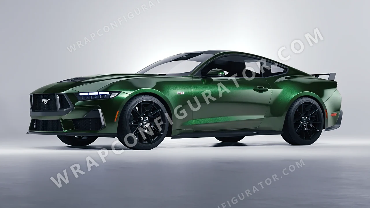 Green Ford Mustang GT 2024 wrapped in ORACAL Fir Green 970RA-677G