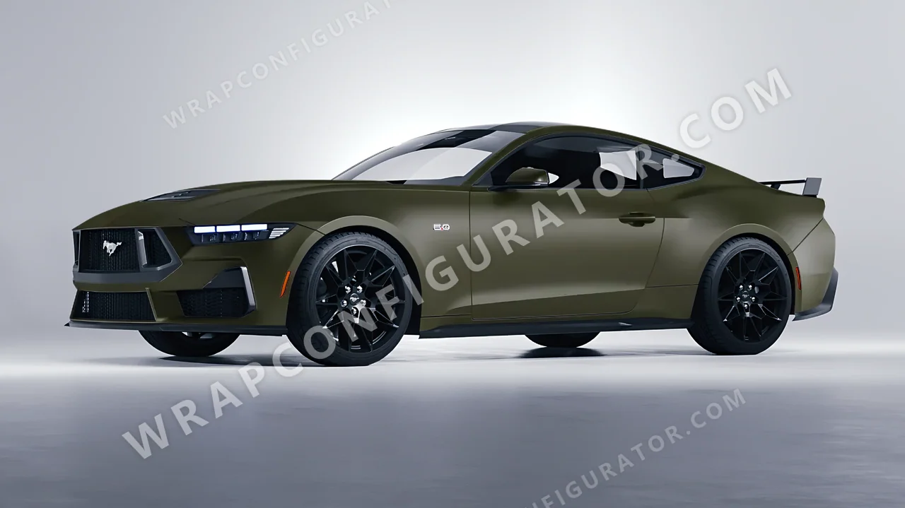 Green Ford Mustang GT 2024 wrapped in ORACAL Nato Olive 970RA-285M