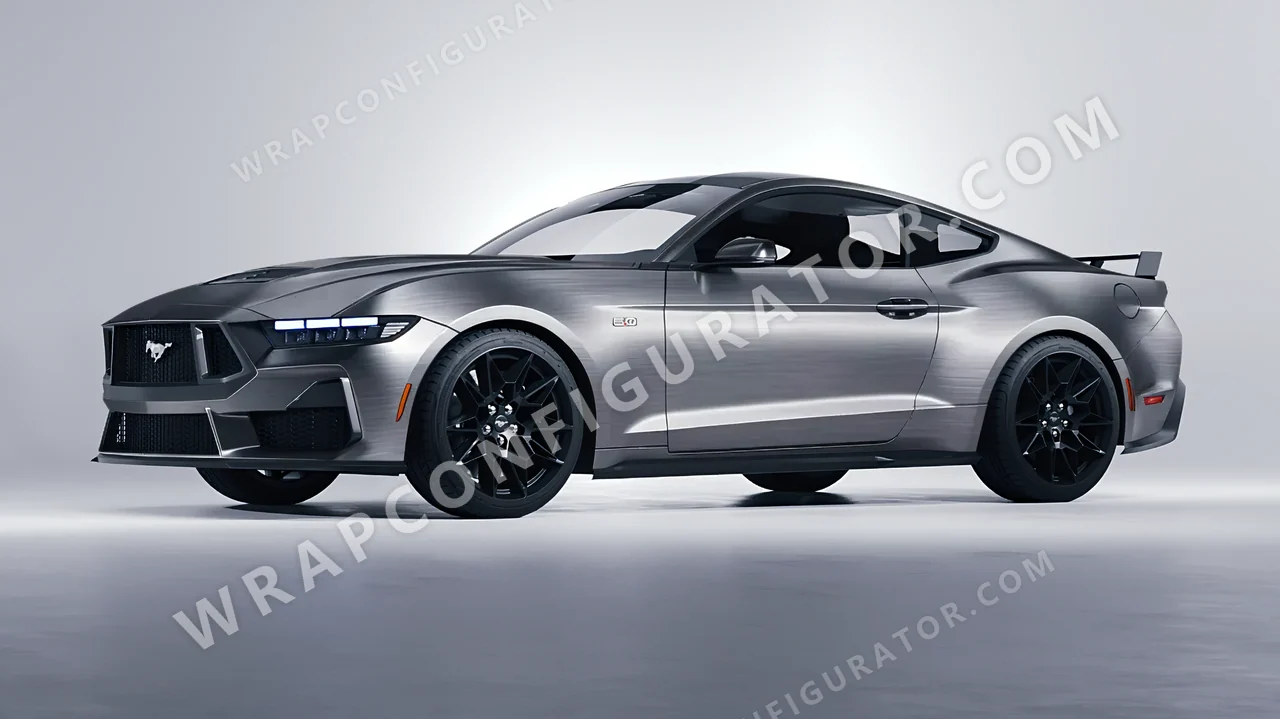 Grey Ford Mustang GT 2024 wrapped in 3M Brushed Steel BR201