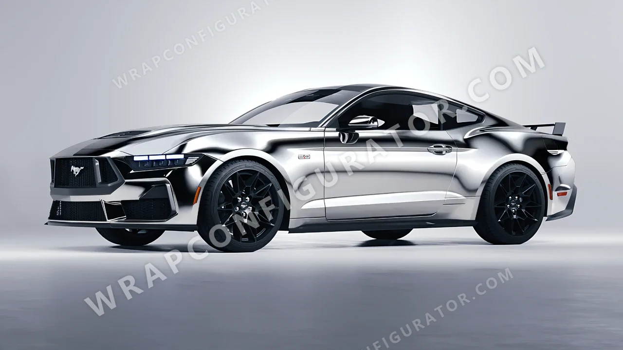 Grey Ford Mustang GT 2024 wrapped in 3M Gloss Silver Chrome GC451