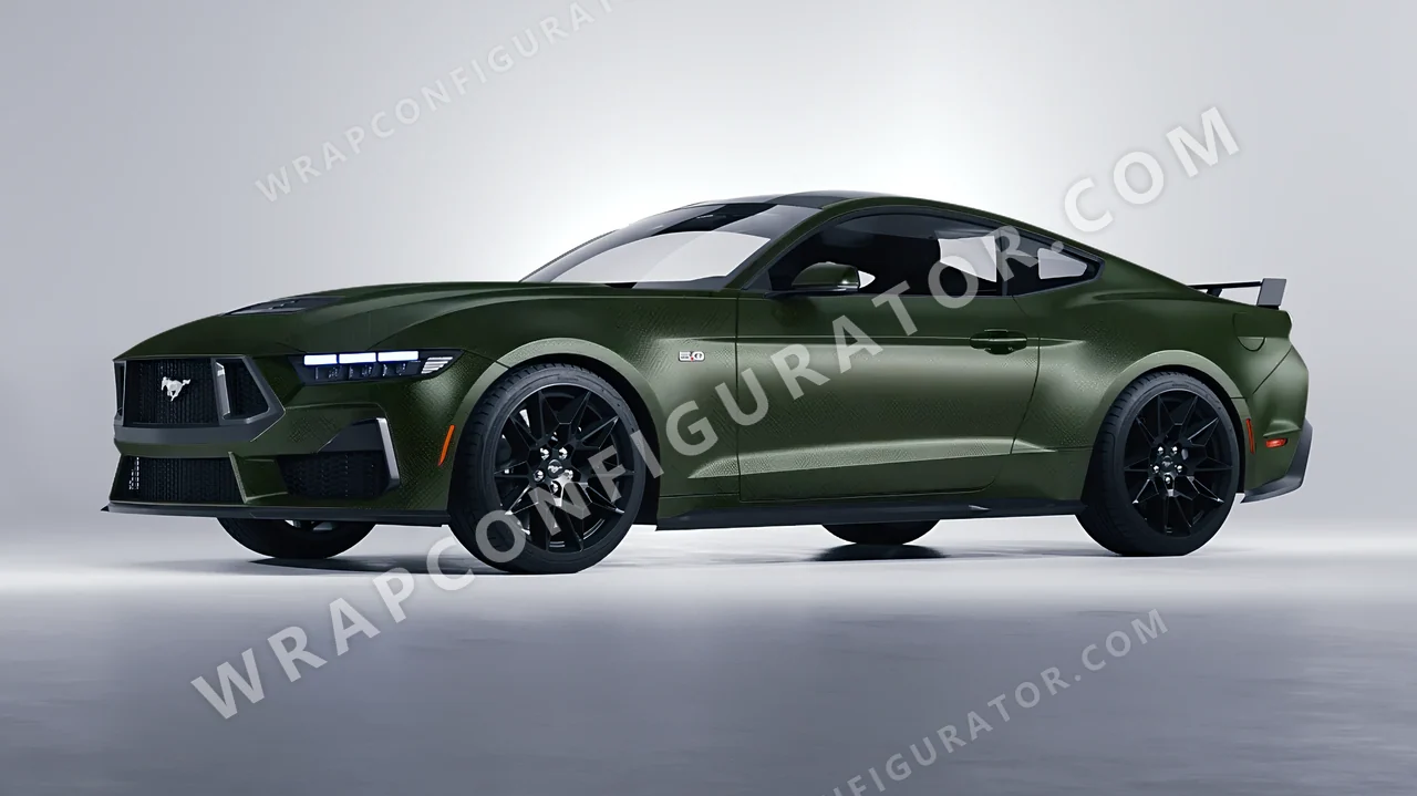 Grey Ford Mustang GT 2024 wrapped in 3M Shadow Military Green SB26