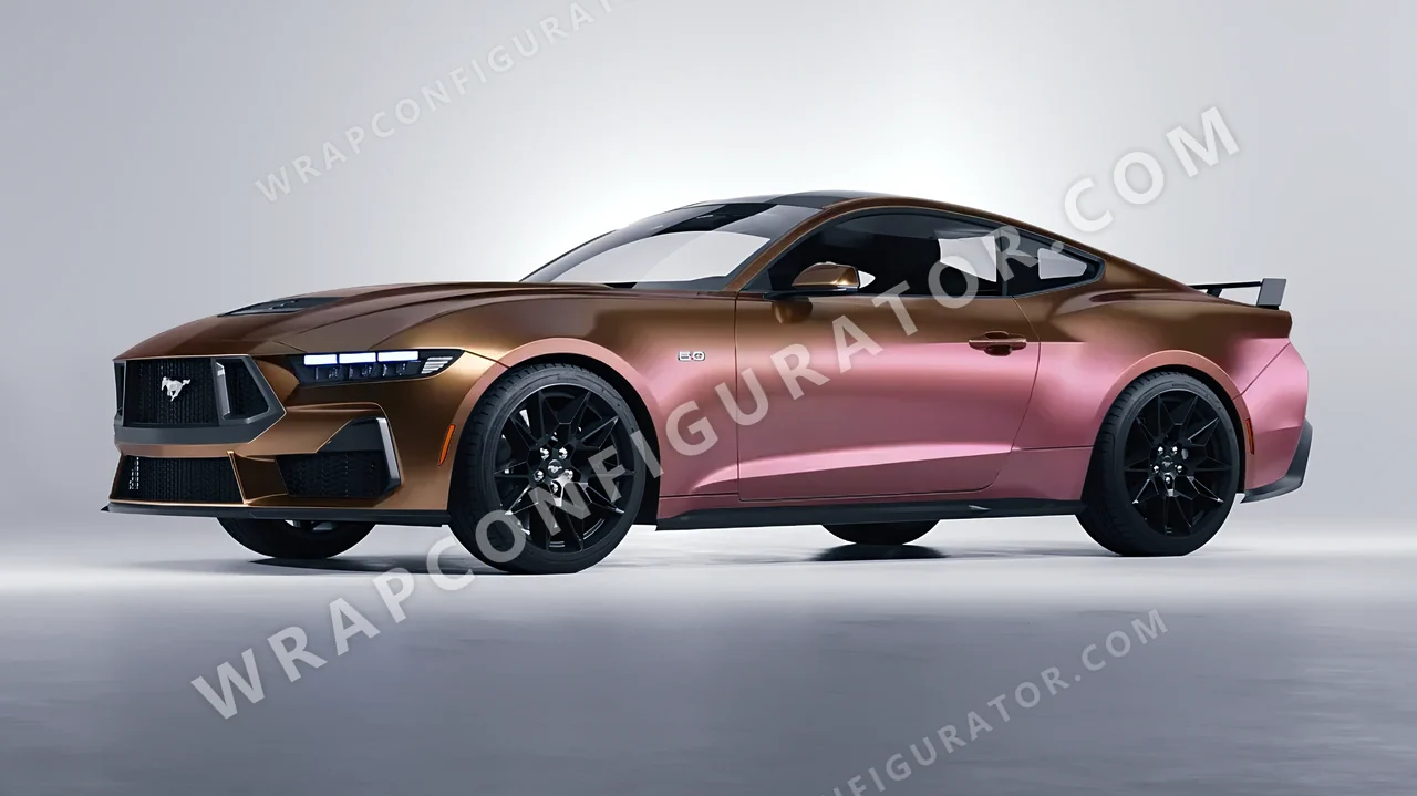 Orange Ford Mustang GT 2024 wrapped in ORACAL Gloss Aubergine Bronze 970RA-990G