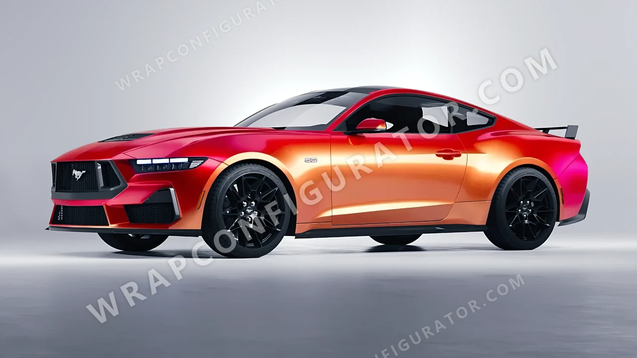 Orange Ford Mustang GT 2024 wrapped in ORACAL Gloss Sunset Shift 970RA-100G