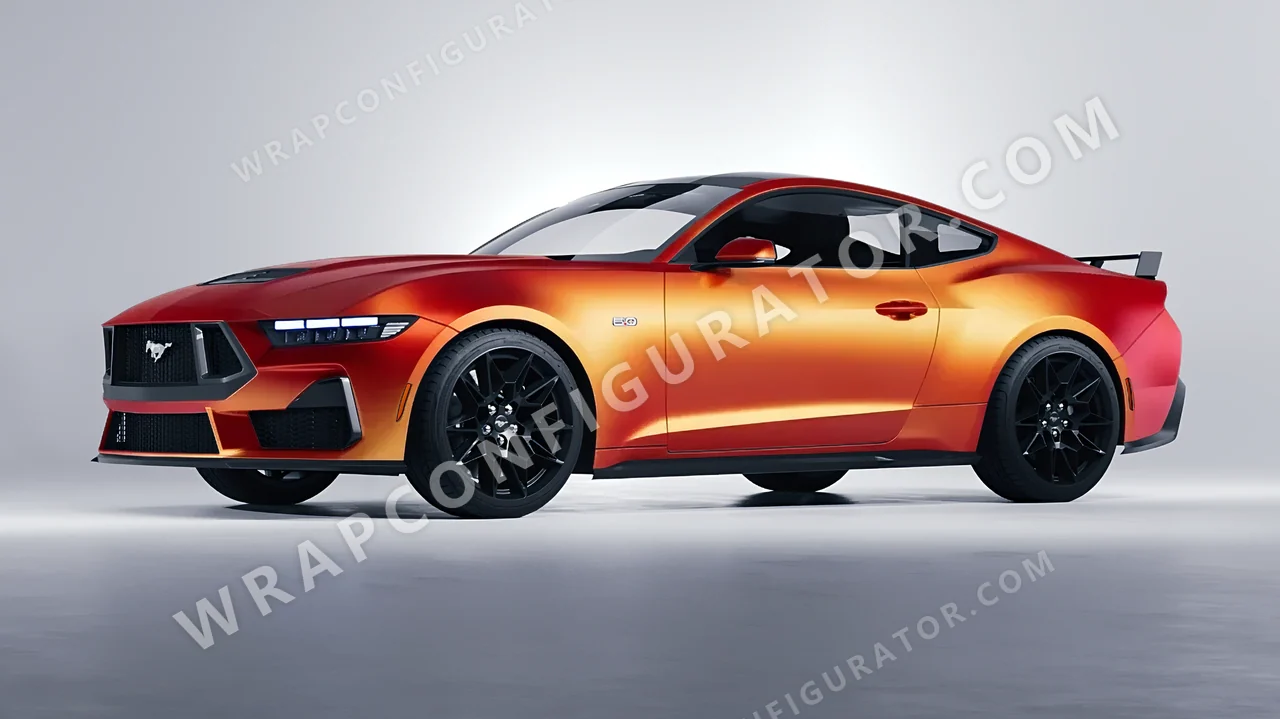 Orange Ford Mustang GT 2024 wrapped in ORACAL Matt Sunset Shift 970RA-100M