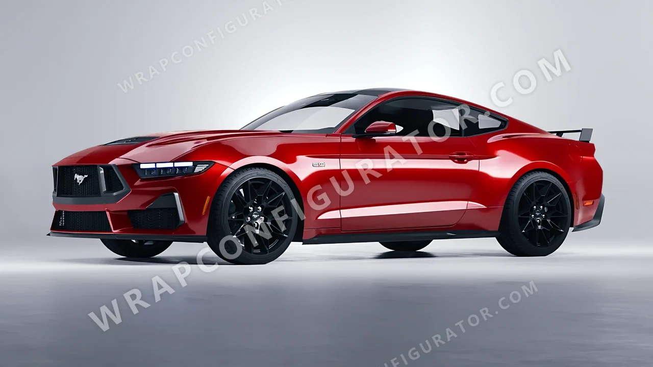Red Ford Mustang GT 2024 wrapped in 3M Gloss Flame Red G53
