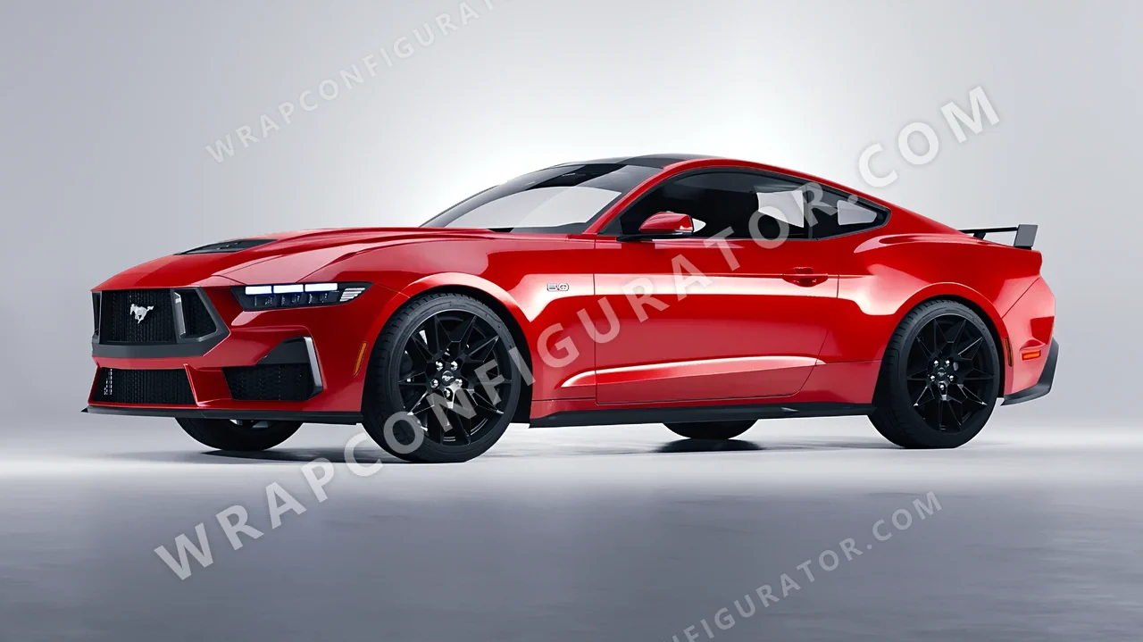 Red Ford Mustang GT 2024 wrapped in 3M Hot Rod Red HG13
