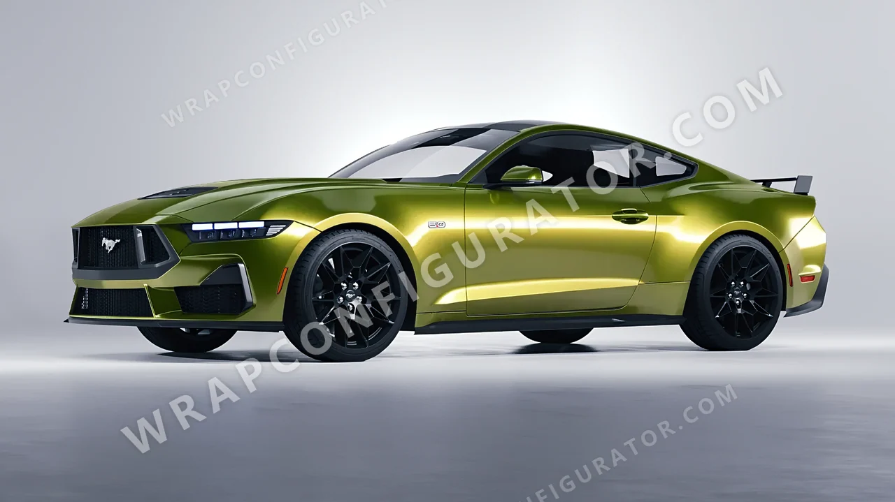 Yellow Ford Mustang GT 2024 wrapped in KPMF Solar Flash K75409