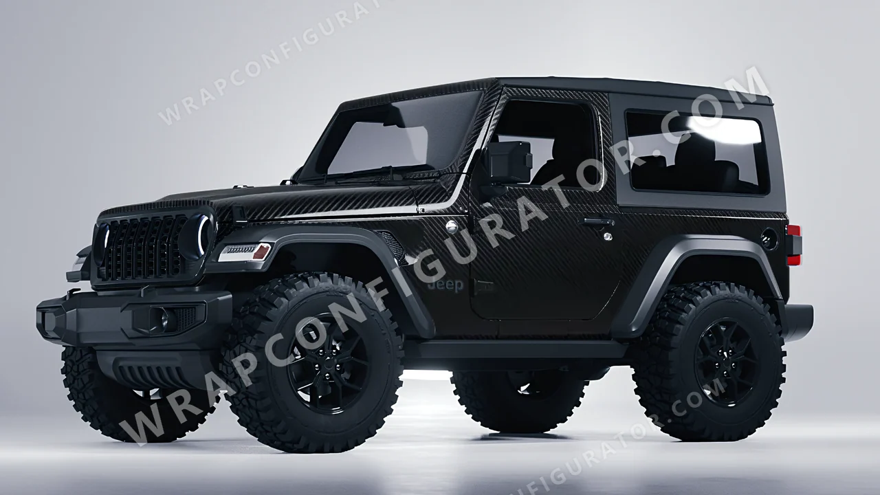 Black Jeep Wrangler Willys 2024 wrapped in 3M Carbon Fiber Black CFS12