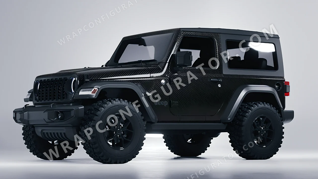 Black Jeep Wrangler Willys 2024 wrapped in Avery Dennison Carbon Fiber Black SW900-194-X