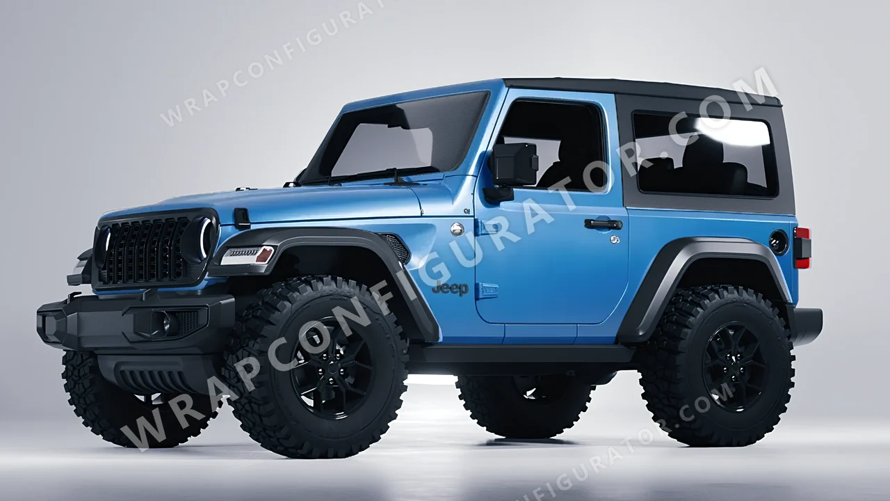 Blue Jeep Wrangler Willys 2024 wrapped in Avery Dennison Light Blue SW900-633-O