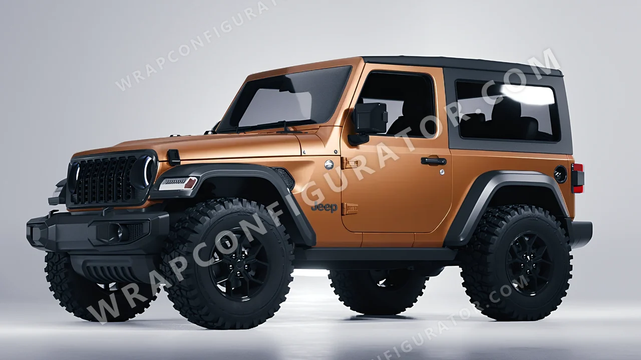 Brown Jeep Wrangler Willys 2024 wrapped in 3M Satin Caramel Luster SP59