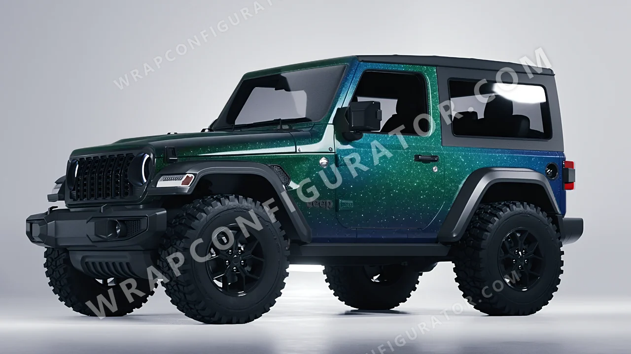 Grey Jeep Wrangler Willys 2024 wrapped in ORACAL Thunderous Blue Green 970RA-851G