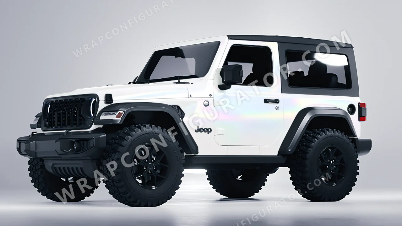 White Jeep Wrangler Willys 2024 wrapped in 3M Satin Flip Ghost Pearl SP280