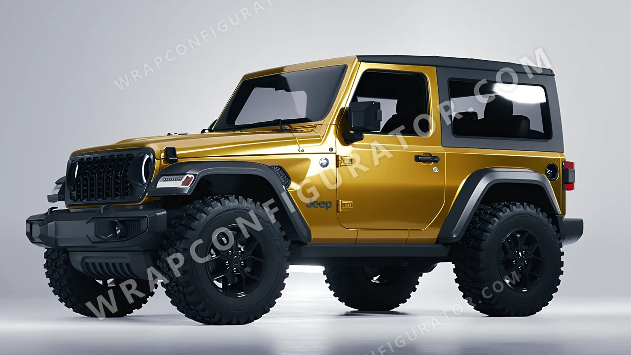Yellow Jeep Wrangler Willys 2024 wrapped in 3M Gloss Gold Metallic G241