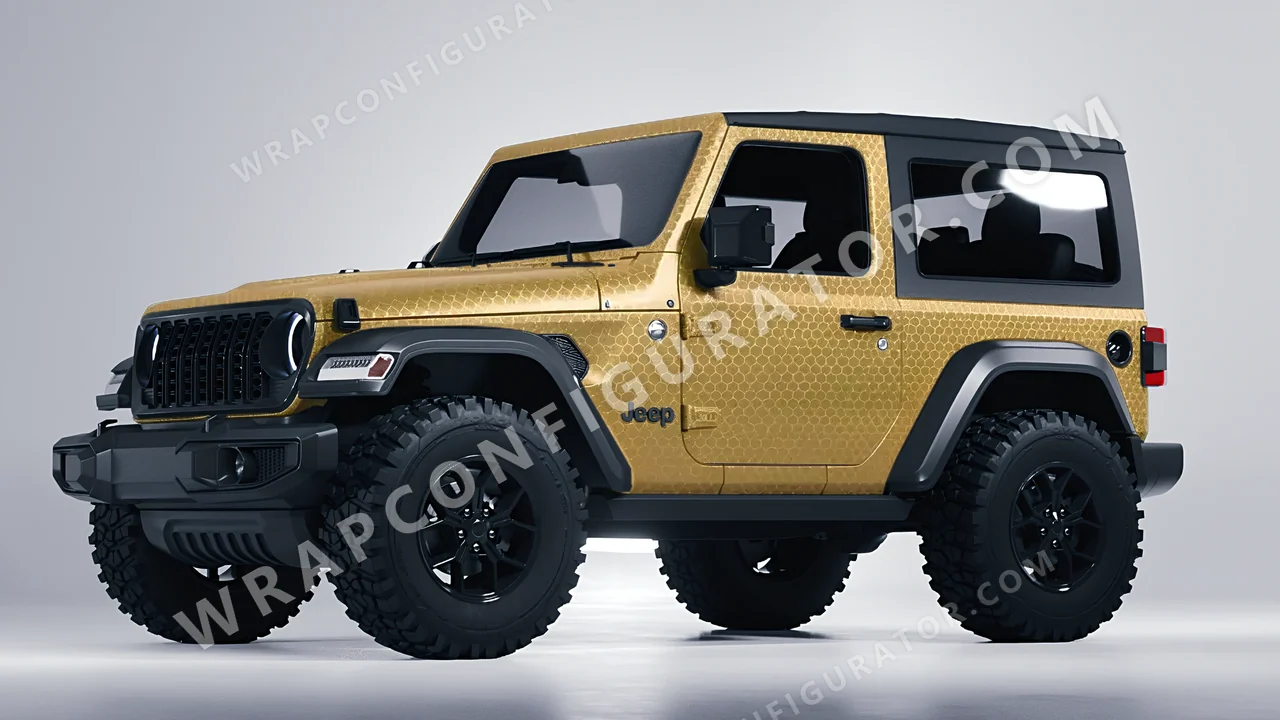 Yellow Jeep Wrangler Willys 2024 wrapped in ORACAL Gold Honeycomb 975-091HC