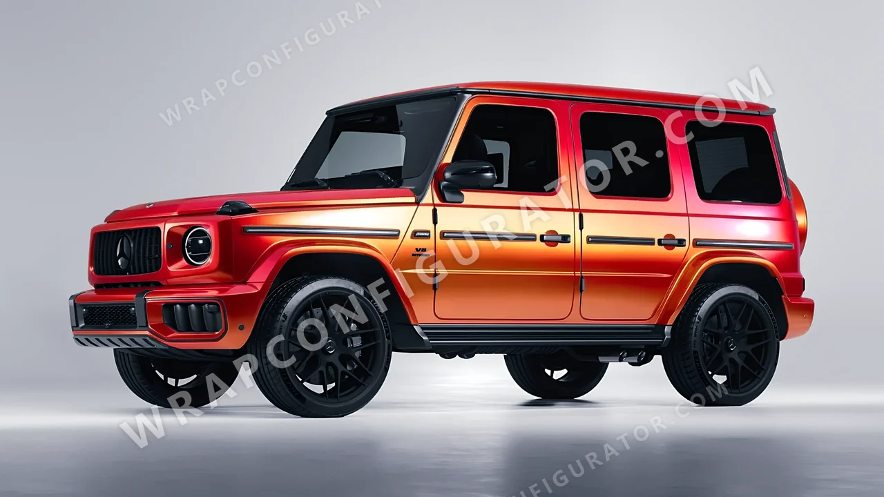 Orange Mercedes-Benz G Class AMG 2025 wrapped in ORACAL Gloss Sunset Shift 970RA-100G