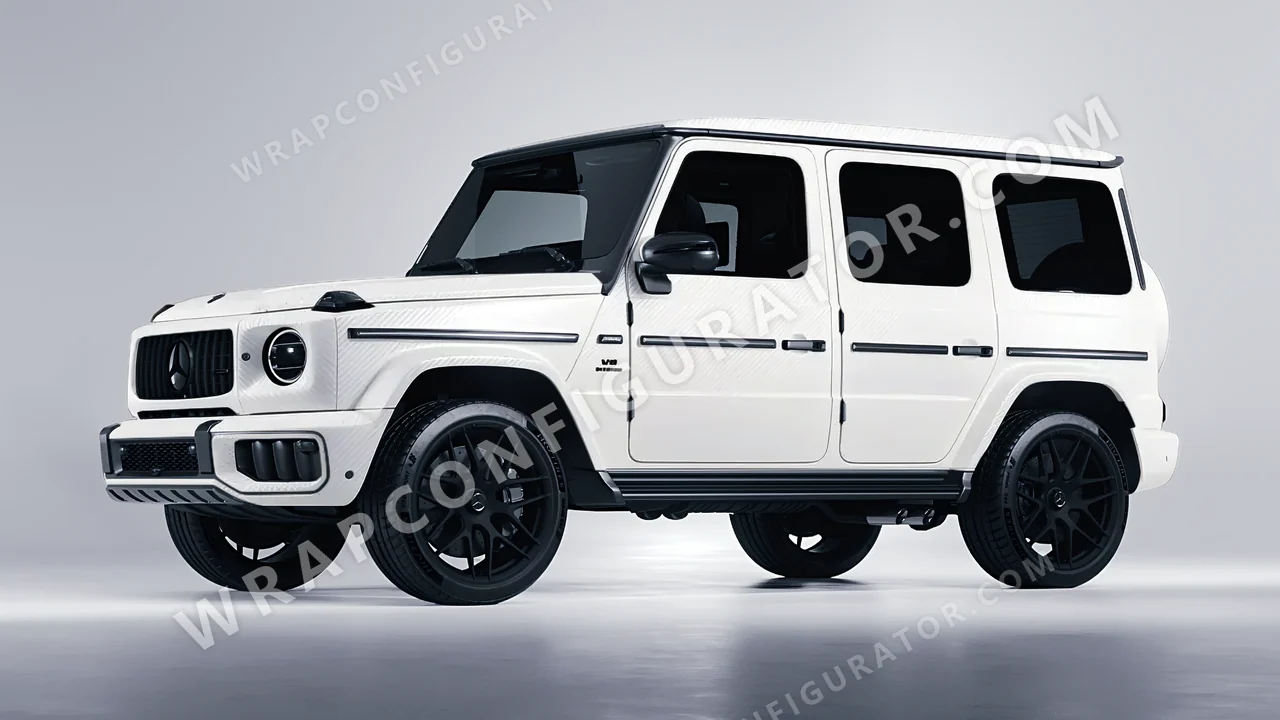 White Mercedes-Benz G Class AMG 2025 wrapped in 3M Carbon Fiber White CFS10