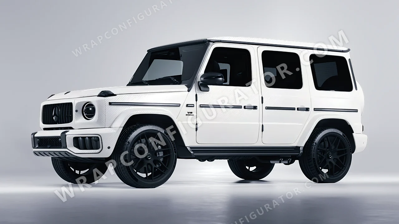 White Mercedes-Benz G Class AMG 2025 wrapped in Avery Dennison Carbon Fiber White SW900-115-X