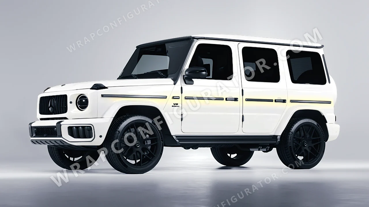 White Mercedes-Benz G Class AMG 2025 wrapped in Colourshield PPF by HyperPro White/Gold SF004-P