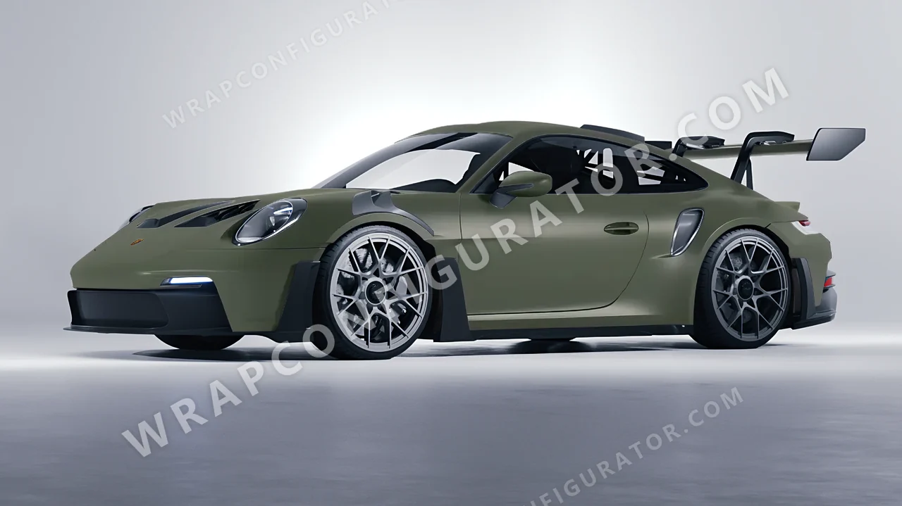 Green Porsche 911 GT3 RS 2024 wrapped in Inozetek Dynamic PPF Army Green DPPF810
