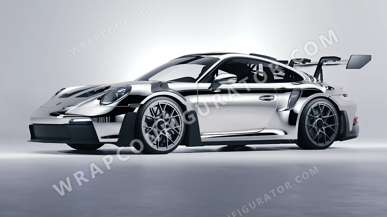 Grey Porsche 911 GT3 RS 2024 wrapped in 3M Gloss Silver Chrome GC451