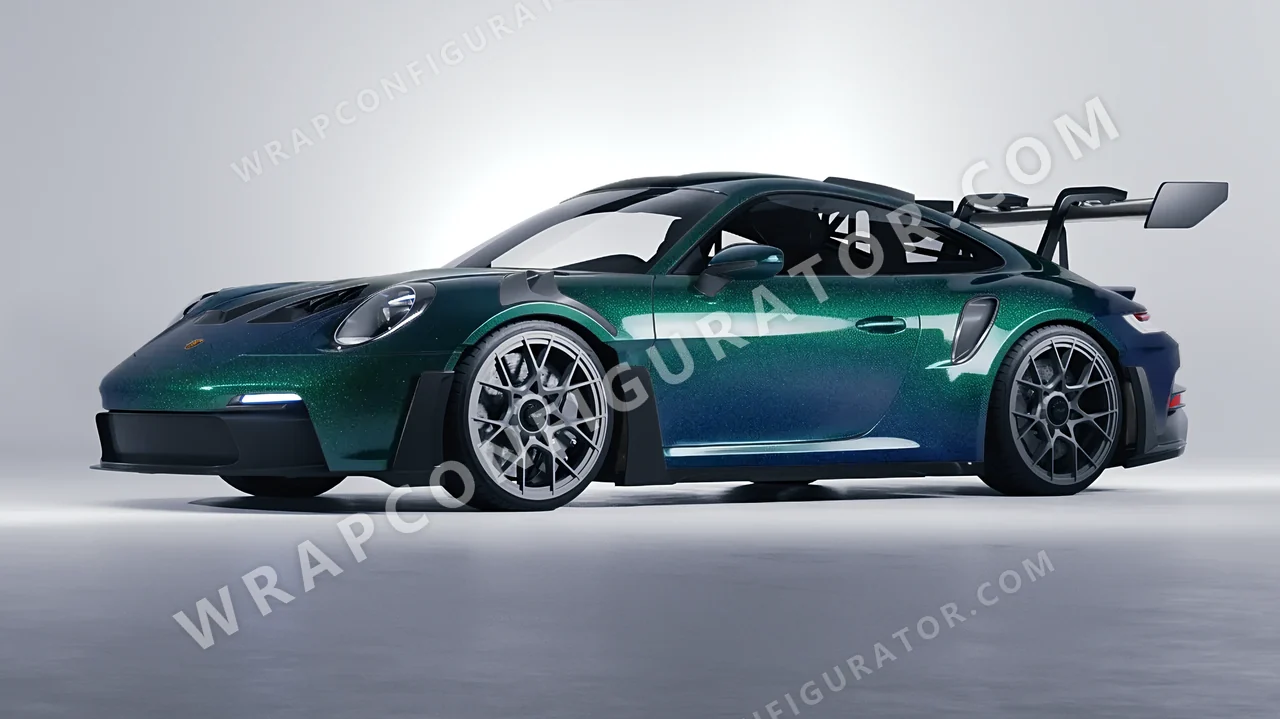 Grey Porsche 911 GT3 RS 2024 wrapped in ORACAL Thunderous Blue Green 970RA-851G