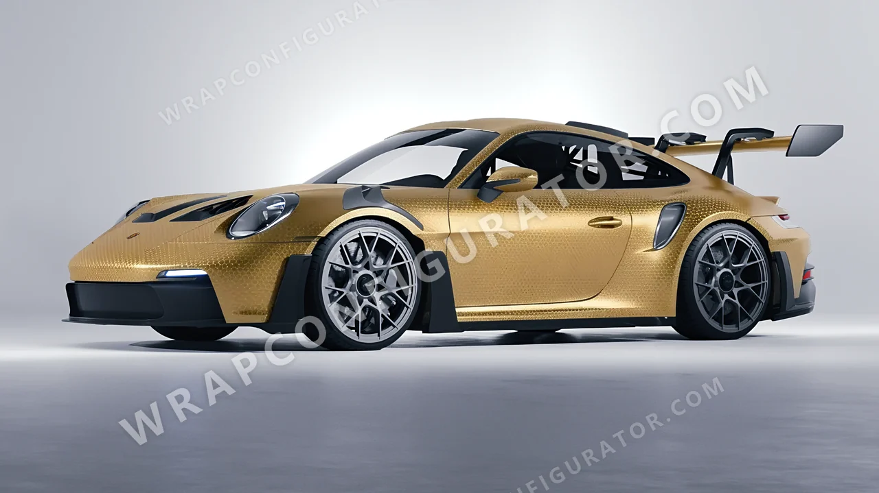 Yellow Porsche 911 GT3 RS 2024 wrapped in ORACAL Gold Honeycomb 975-091HC