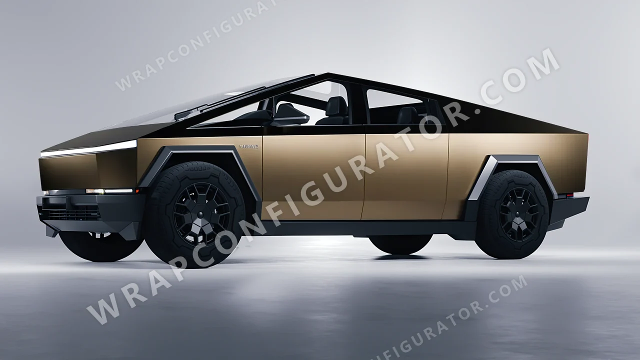 Black Tesla Cybertruck 2024 wrapped in 3M Satin Gold Dust Black SP242