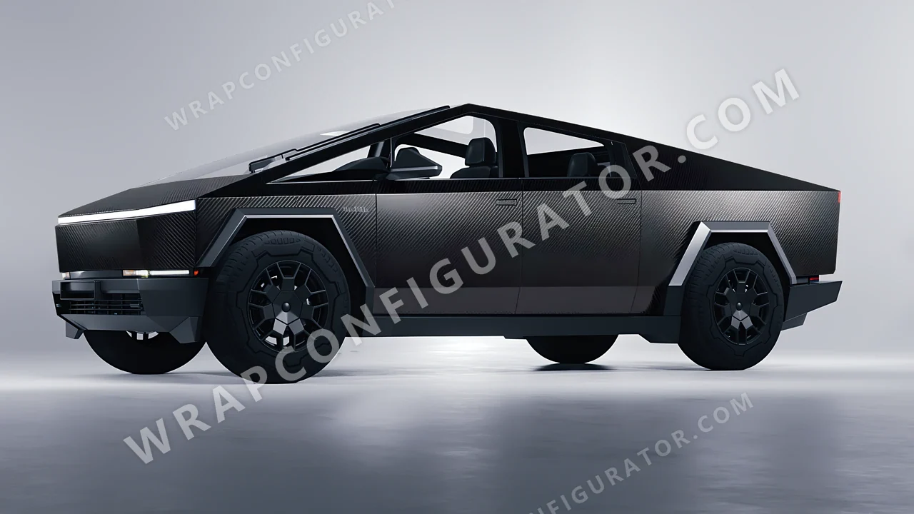 Black Tesla Cybertruck 2024 wrapped in Avery Dennison Carbon Fiber Black SW900-194-X