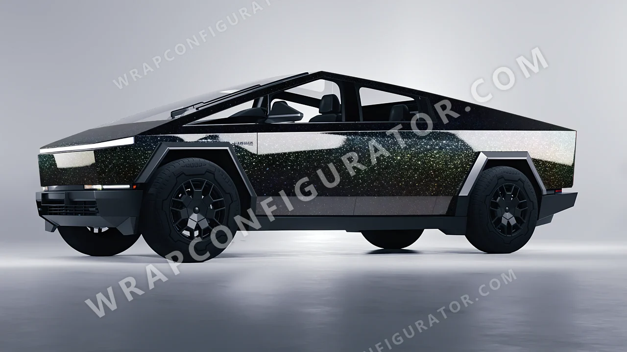 Black Tesla Cybertruck 2024 wrapped in ORACAL Gloss Black Galactic Gold 970RA-905G