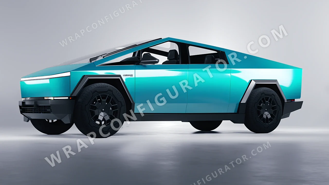 Blue Tesla Cybertruck 2024 wrapped in ORACAL Turbo Turquoise 970RA-172G