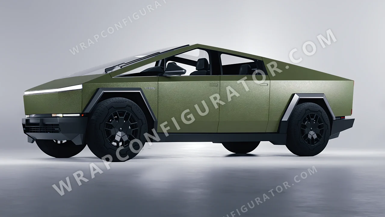Green Tesla Cybertruck 2024 wrapped in Avery Dennison Rugged Combat Green SW900-718-X