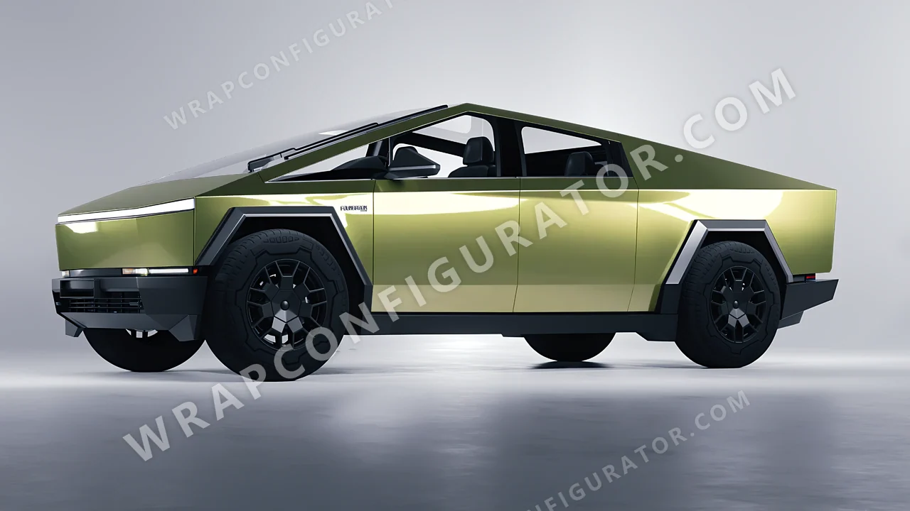 Green Tesla Cybertruck 2024 wrapped in Inozetek Dynamic PPF Golden Green DPPF929