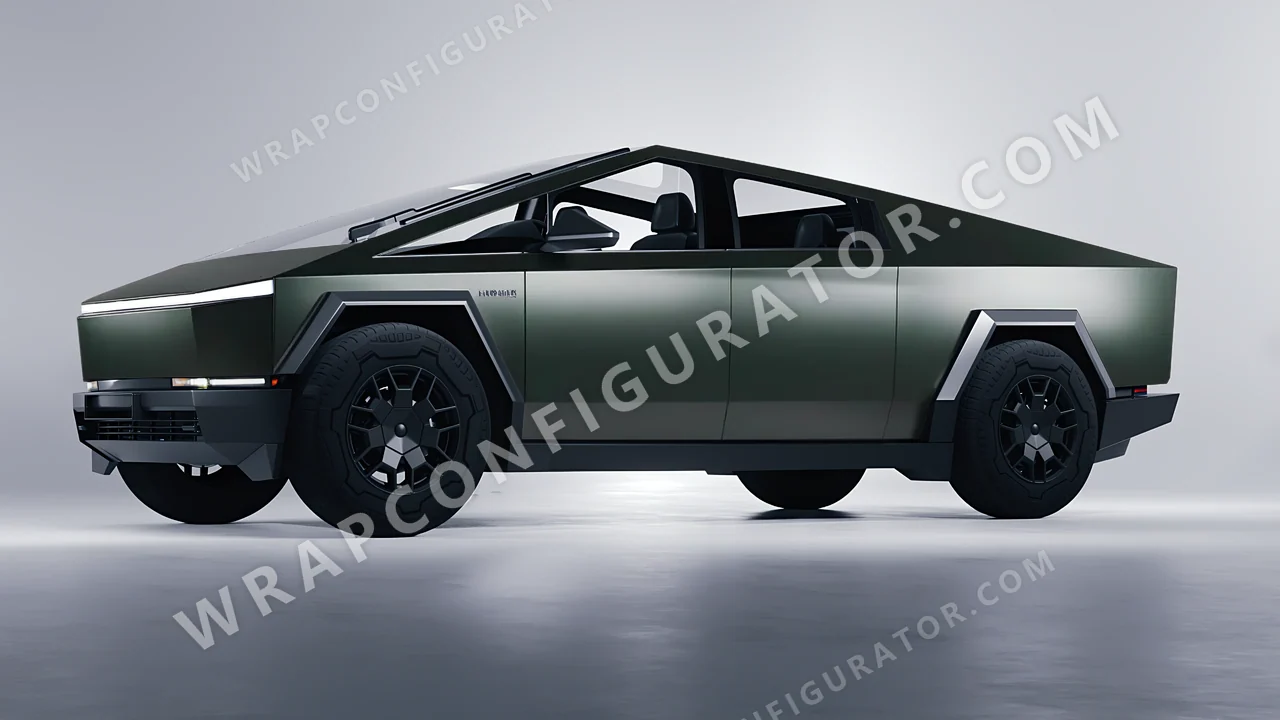Green Tesla Cybertruck 2024 wrapped in Inozetek Dynamic PPF Midnight Moss DPPF804