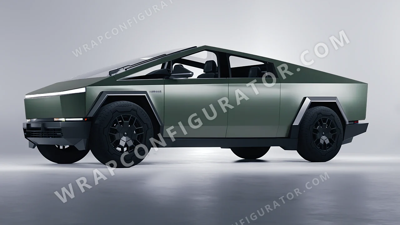 Green Tesla Cybertruck 2024 wrapped in KPMF Matt Platinum Dark Sage K75560