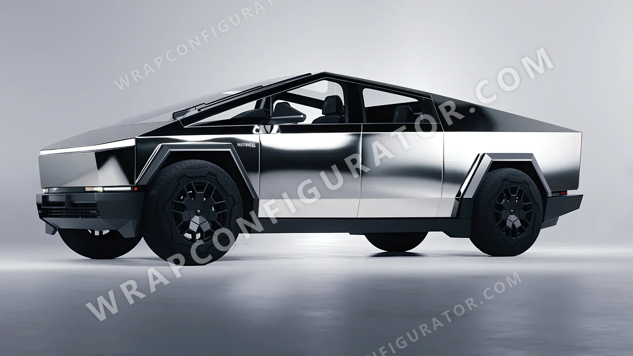 Grey Tesla Cybertruck 2024 wrapped in 3M Gloss Silver Chrome GC451