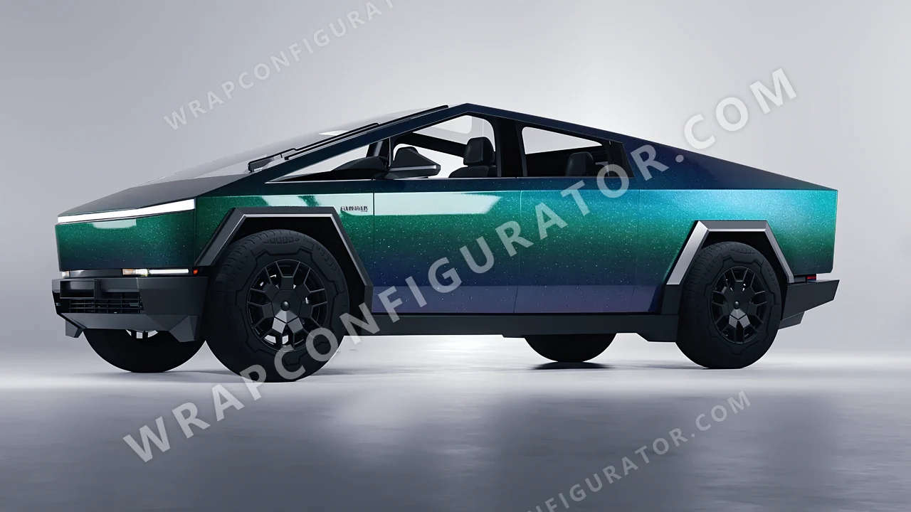 Grey Tesla Cybertruck 2024 wrapped in ORACAL Thunderous Blue Green 970RA-851G