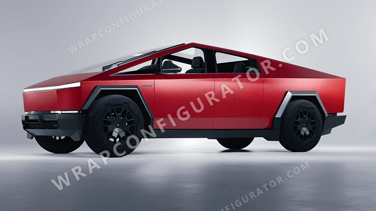 Red Tesla Cybertruck 2024 wrapped in ORACAL Geranium Red Carbon 975-305CA