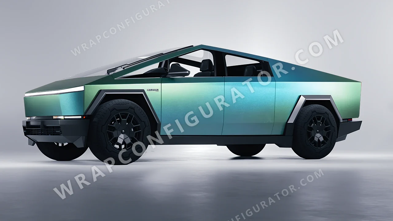 White Tesla Cybertruck 2024 wrapped in KPMF Arctic Borealis K75509