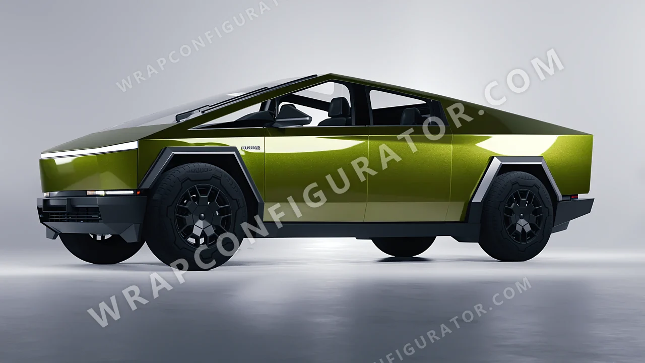 Yellow Tesla Cybertruck 2024 wrapped in KPMF Verde Solaris K75439