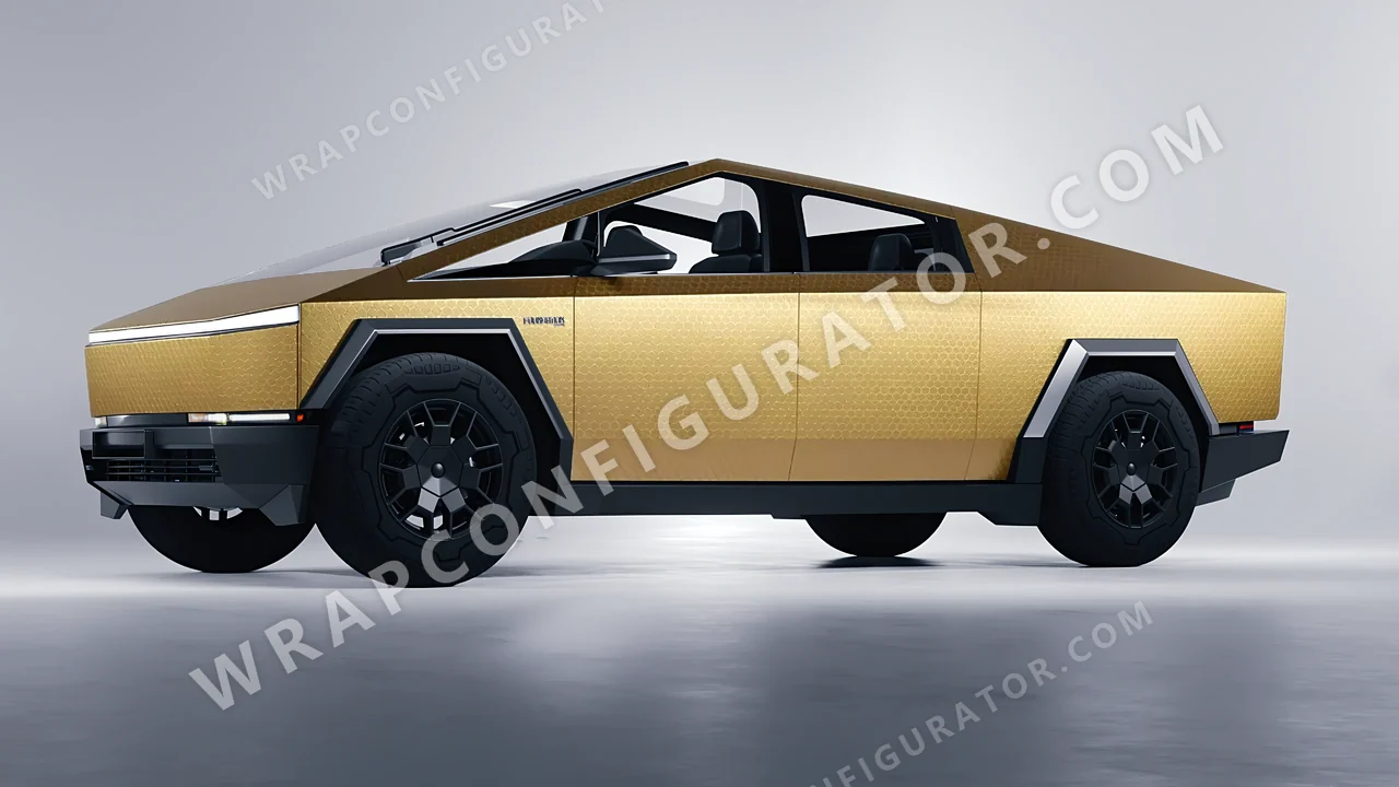 Yellow Tesla Cybertruck 2024 wrapped in ORACAL Gold Honeycomb 975-091HC