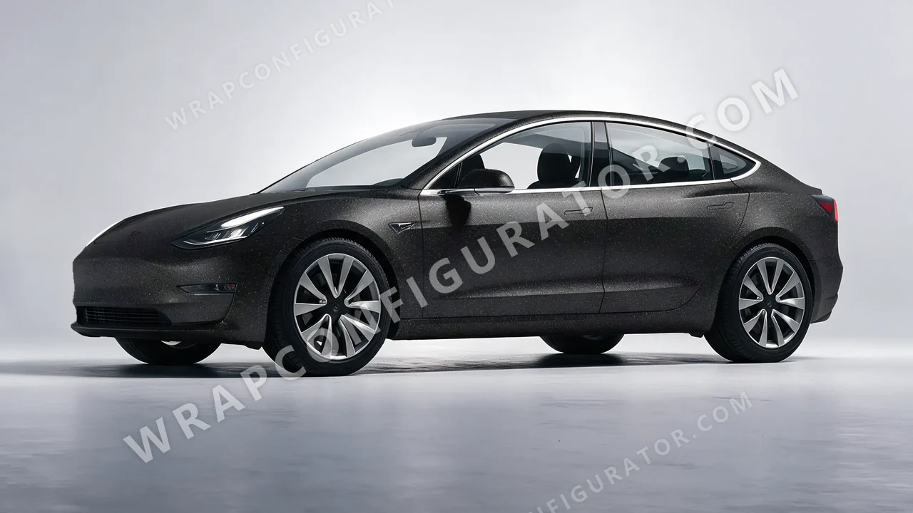 Black Tesla Model 3 2019 wrapped in ORACAL Matt Black Galactic Gold 970RA-905M